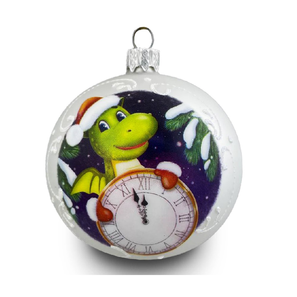 Елочная игрушка шар стеклянный  Дракон под часами (белый матовый) диаметр 80 мм
