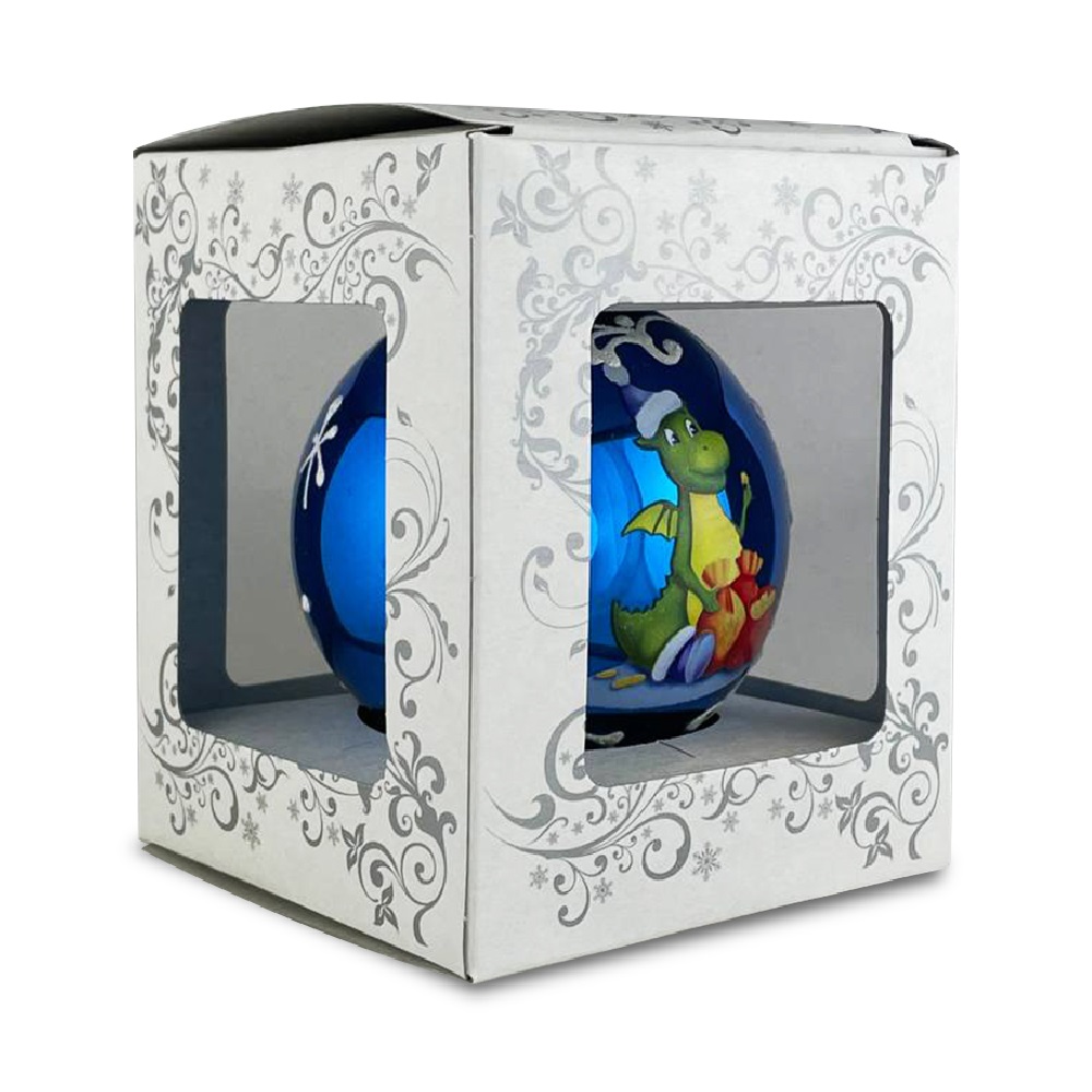 Елочная игрушка шар стеклянный  Дракончик - банкир с монеткой, диаметр 80 мм