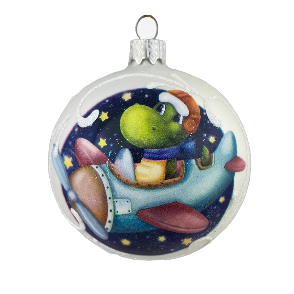 Елочная игрушка шар стеклянный  дракон-летчик,  диаметр 80 мм