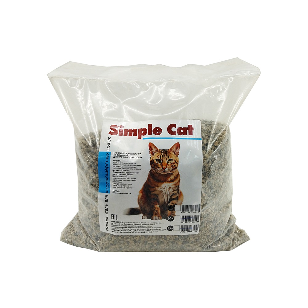Наполнитель минеральный впитывающий "Simple Cat" для короткошерстных, 5л