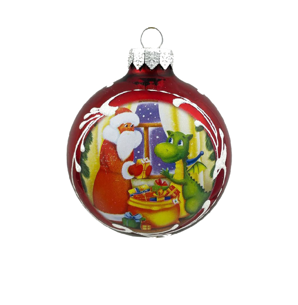 Елочная игрушка шар стеклянный (Символ года 2024) Дед Мороз дарит подарок дракону, диаметр 80 мм