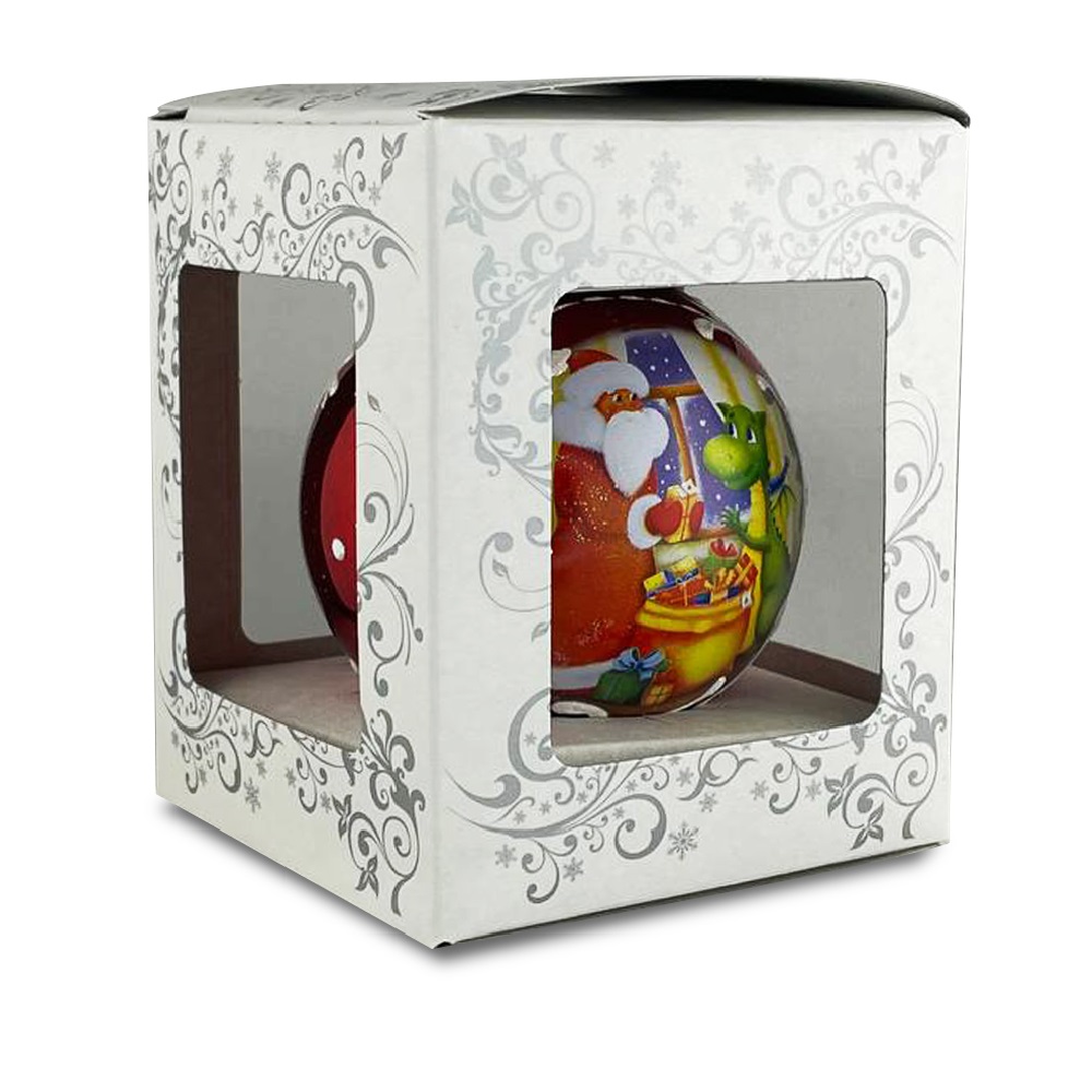 Елочная игрушка шар стеклянный (Символ года 2024) Дед Мороз дарит подарок дракону, диаметр 80 мм