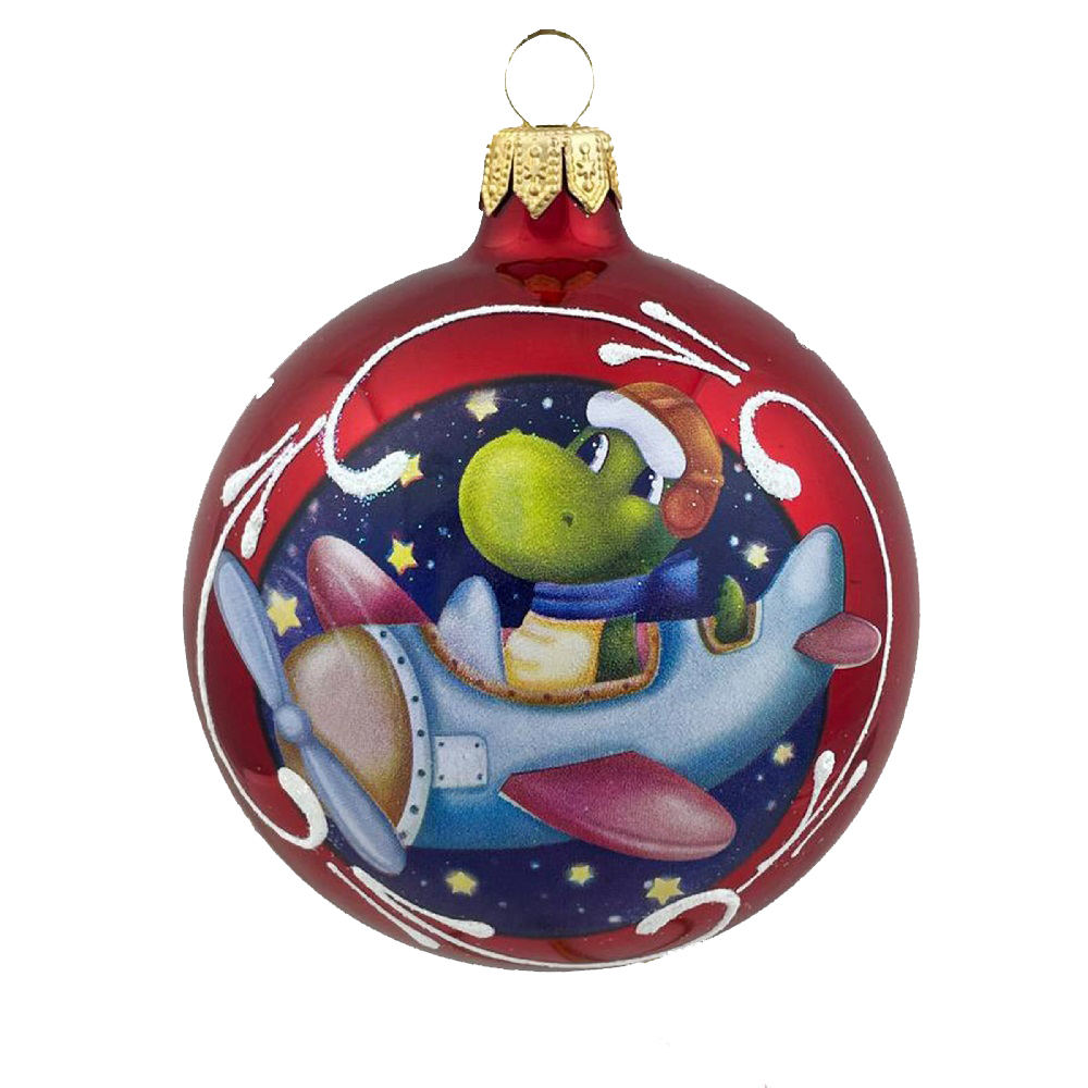Елочная игрушка шар стеклянный  дракон-летчик,  диаметр 80 мм