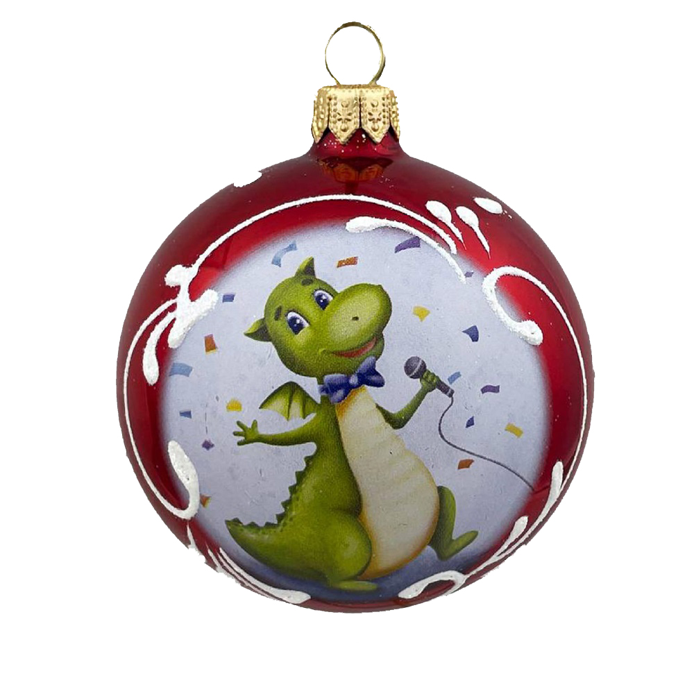 Елочная игрушка шар стеклянный  Дракон – поп певец, диаметр 80 мм