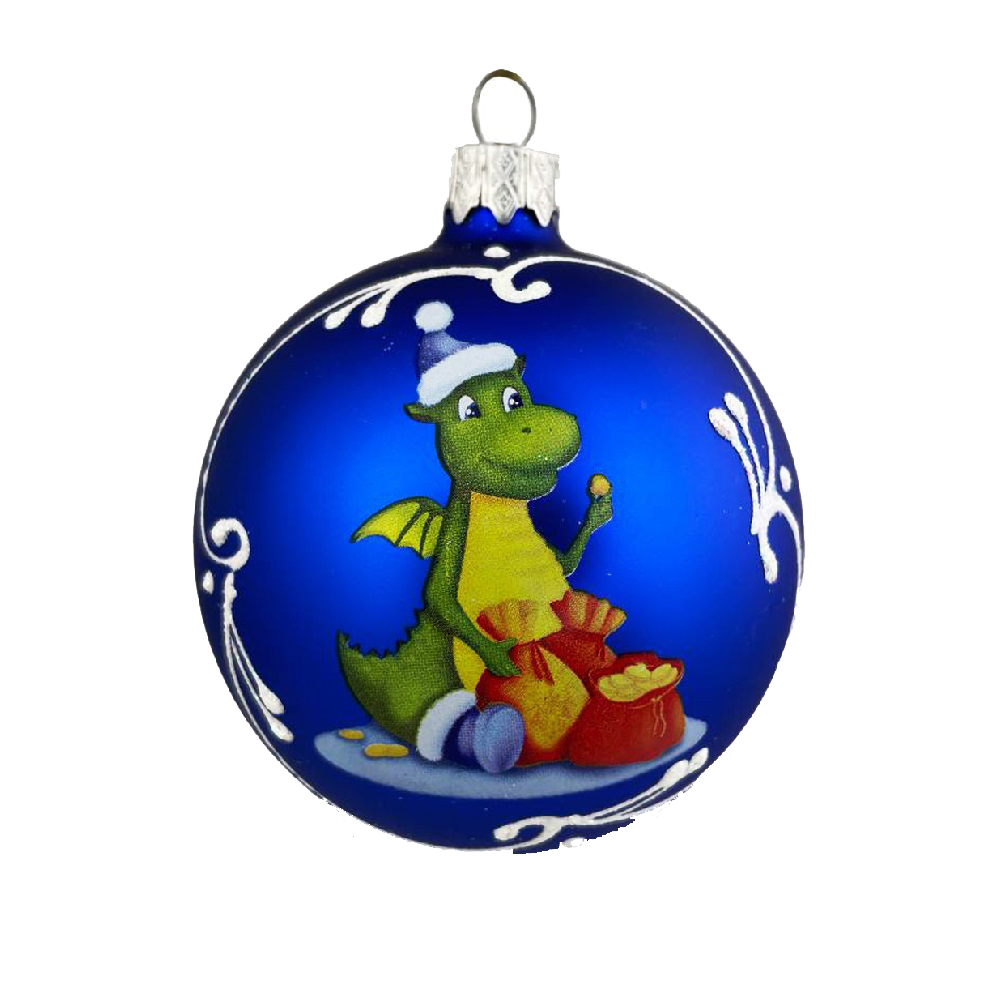 Елочная игрушка шар стеклянный  Дракончик - банкир с монеткой, диаметр 80 мм