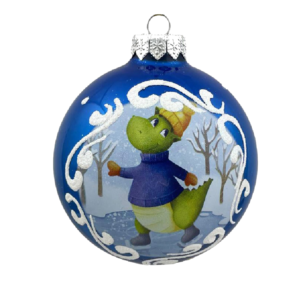 Елочная игрушка шар стеклянный  Дракон катается на коньках, диаметр 80 мм
