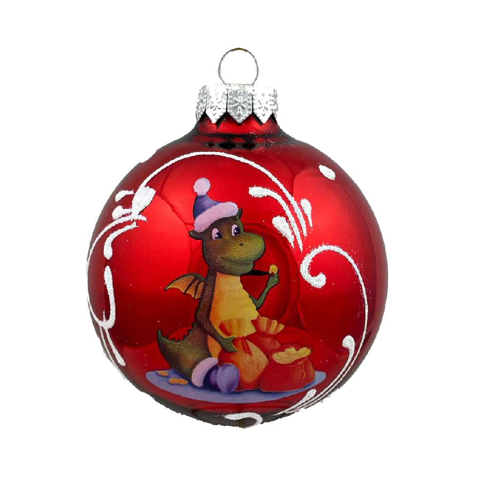 Елочная игрушка шар стеклянный  Дракончик - банкир с монеткой, диаметр 80 мм