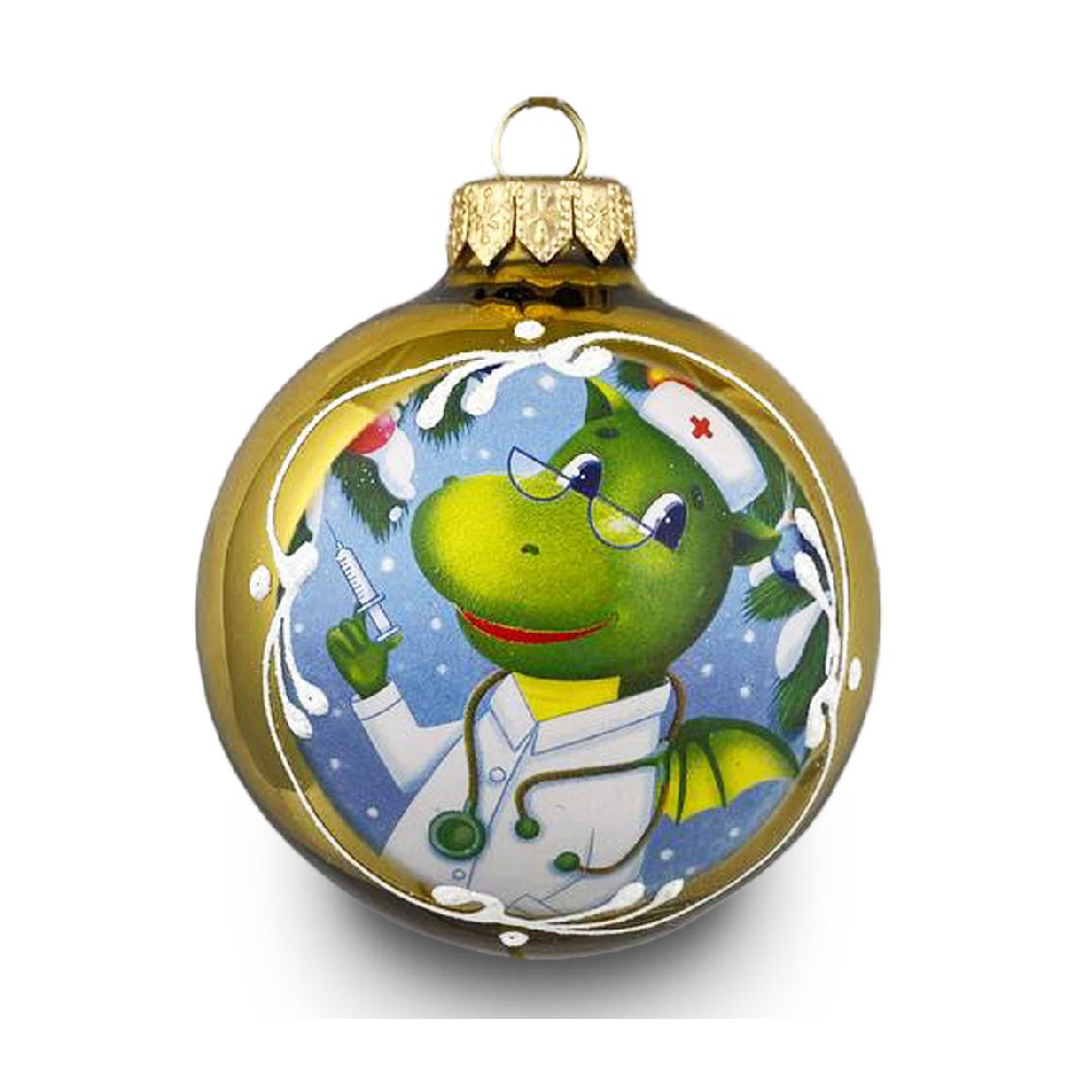 Елочная игрушка шар стеклянный  Дракончик - врач, диаметр 80 мм