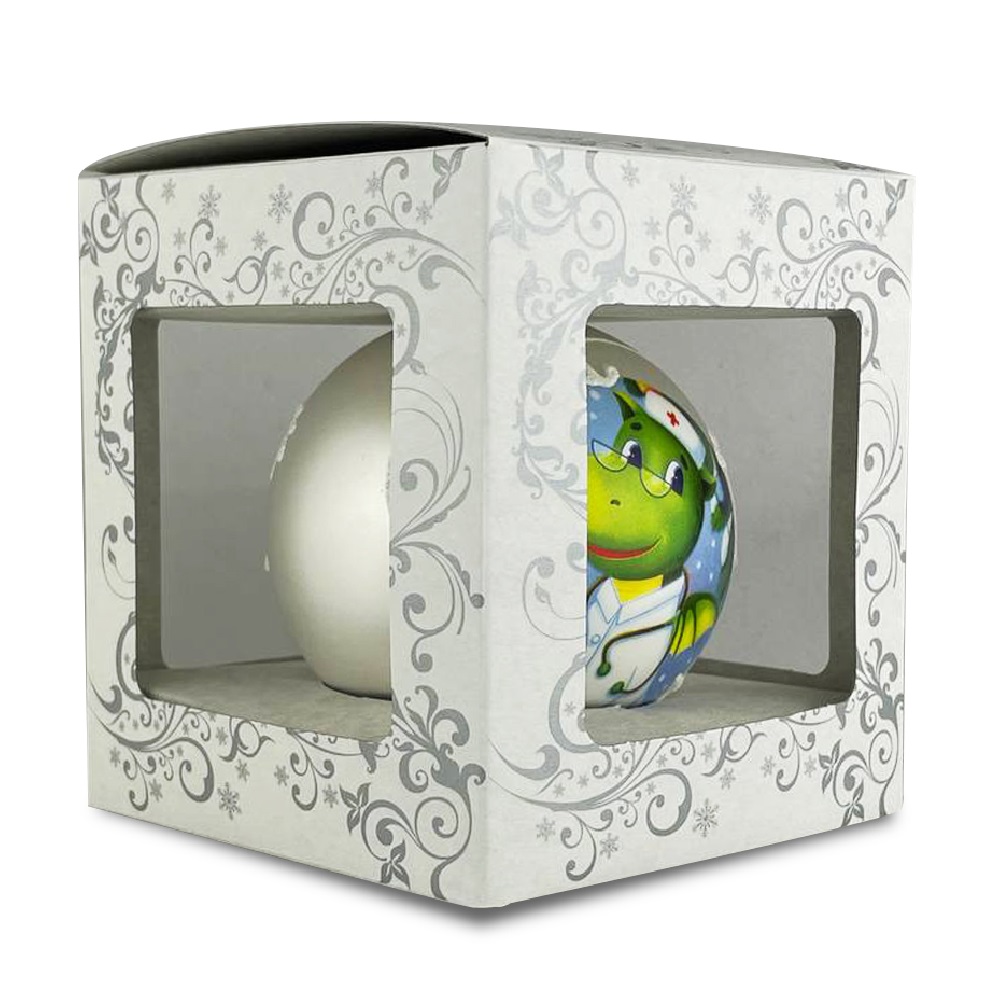 Елочная игрушка шар стеклянный  Дракончик - врач, диаметр 80 мм